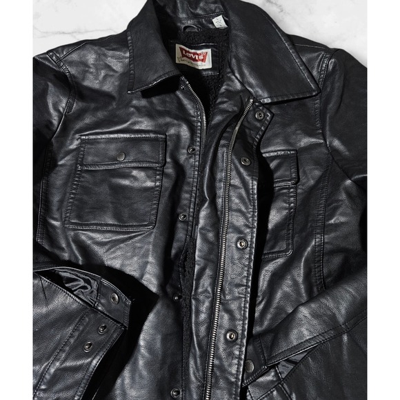 Levis Faux Leather Trucker Sherpa-Lined Jacket Black Zip Snap Button Biker Men L - Picture 5 of 16